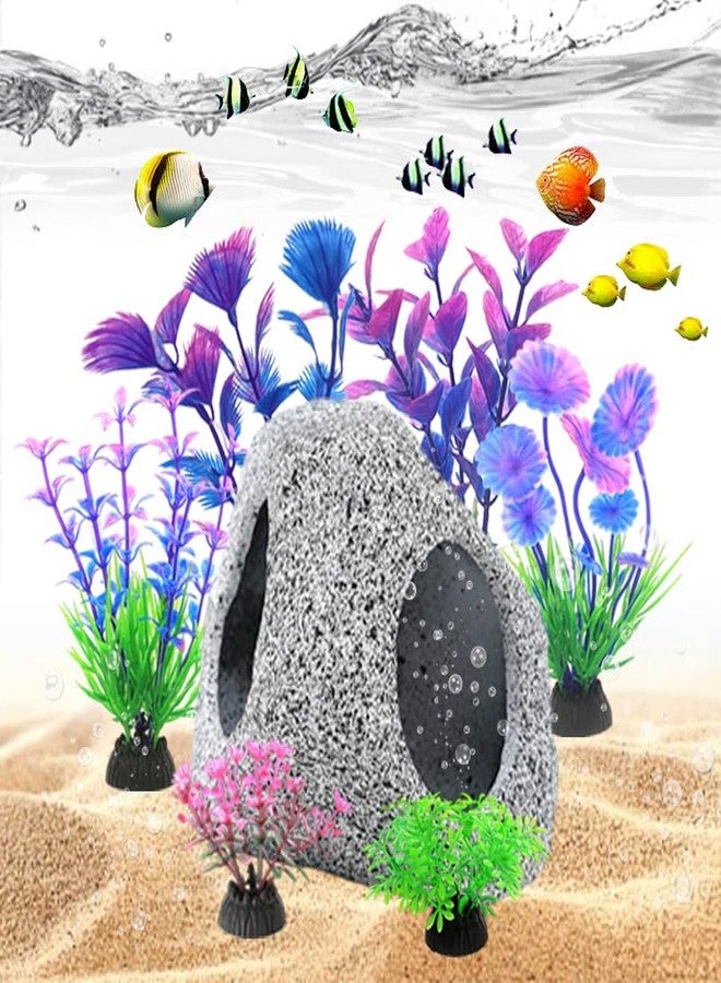 GOFYLIN Fish Tank Decorations Set, Aquarium Decor Hideaway Rock Cave x 1pc, Decor Accessories Aquatic Plants x 6pcs. - Image 2
